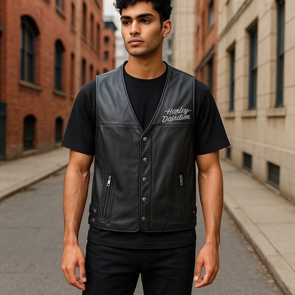 Authentic Harley-Davidson Mens Leather Vest Sz M Black Eagle Patch Thick Leather - Picture 3 of 13